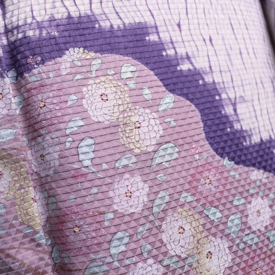 美品　板締め絞り菊模様訪問着/裄65 白　紫　ピンク　d14