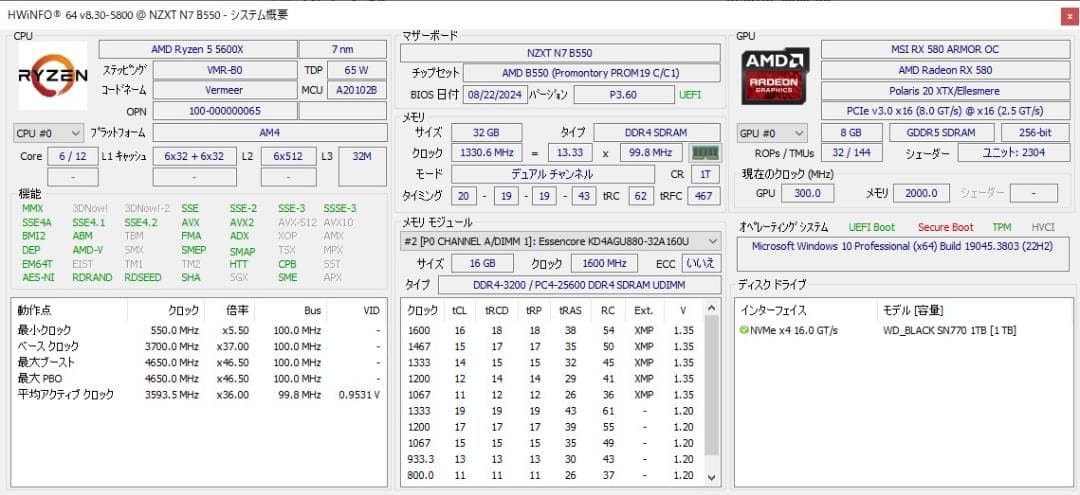 自作PC Ryzen5 5600X NZXT B550 Radeon RX580