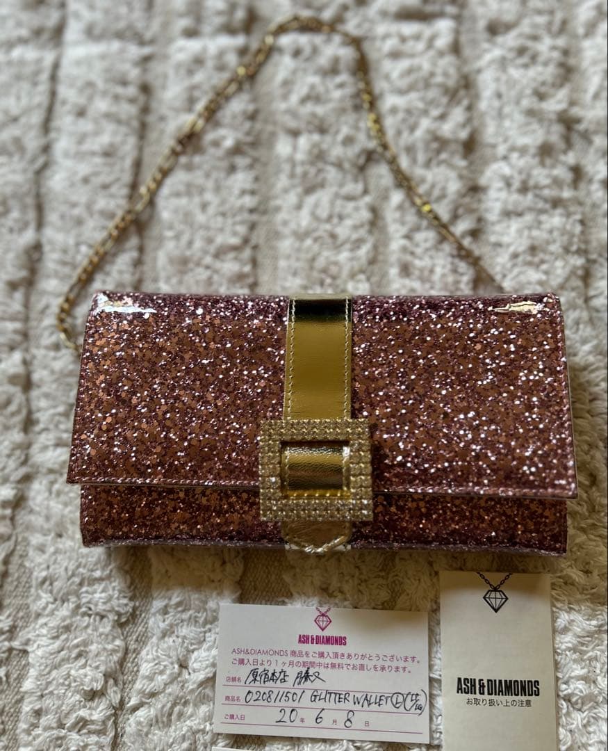 新品 ASH & DIAMONDS 長財布 ピンクグリッター　ストラップ付