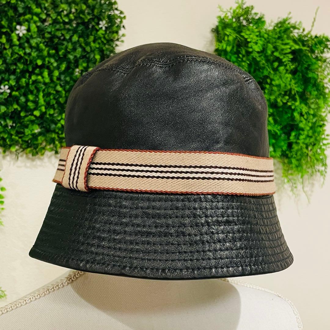⭐️美品⭐️ BURBERRY レザー バケットハット ノバチェック　L ブラック