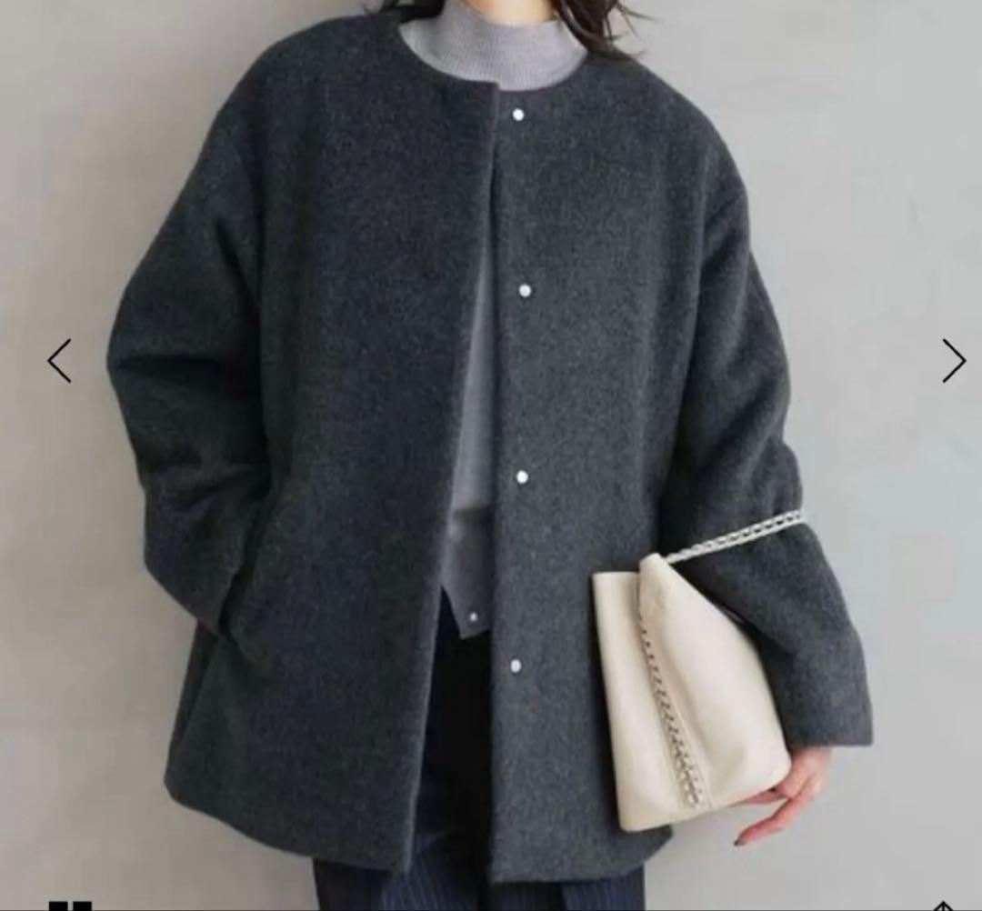 GREEN LABEL RELAXING ノーカラーコート グレー　021