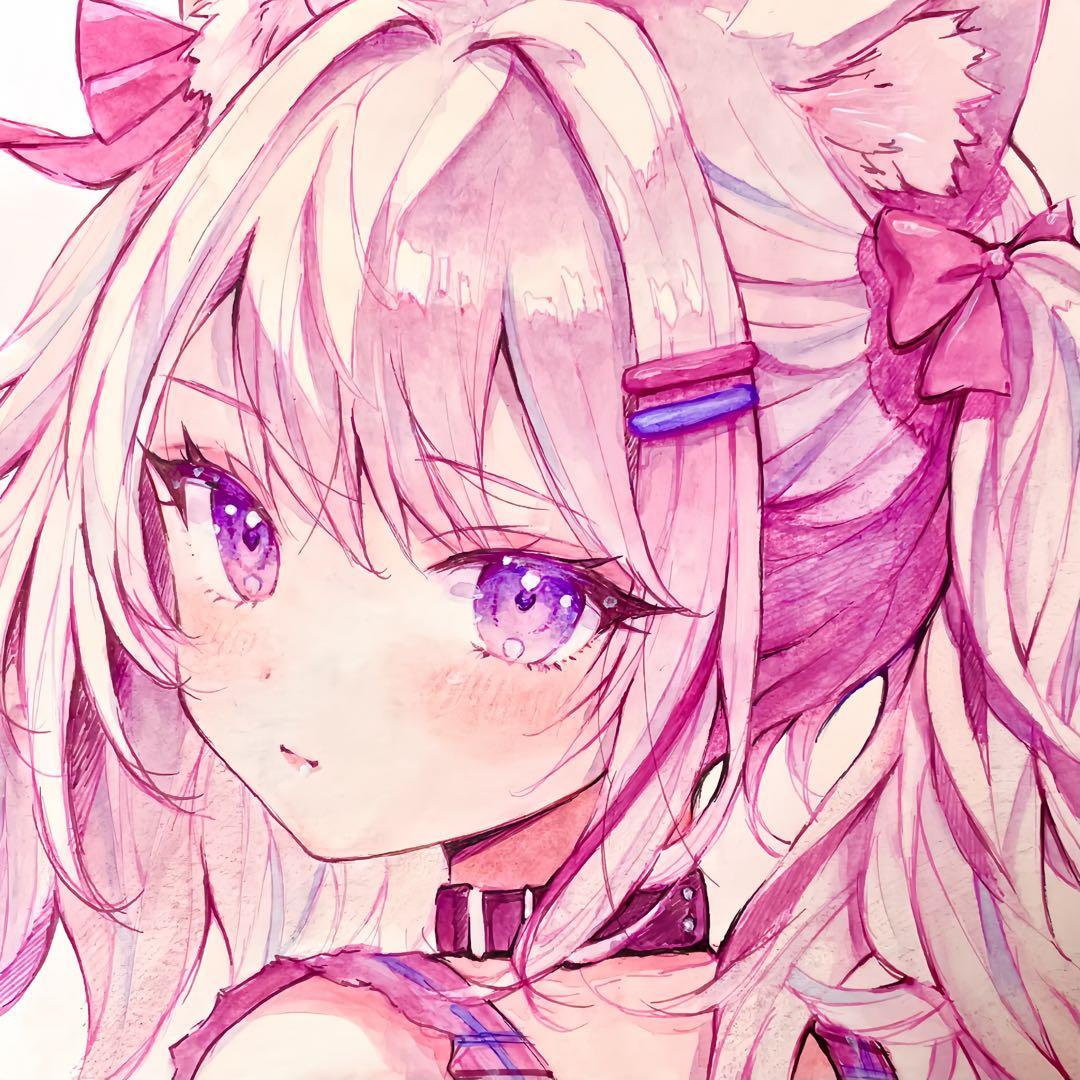 し*こ様 ♡ オリジナル　手描きイラスト　ピンク猫さん　Ａ４ アナログイラスト