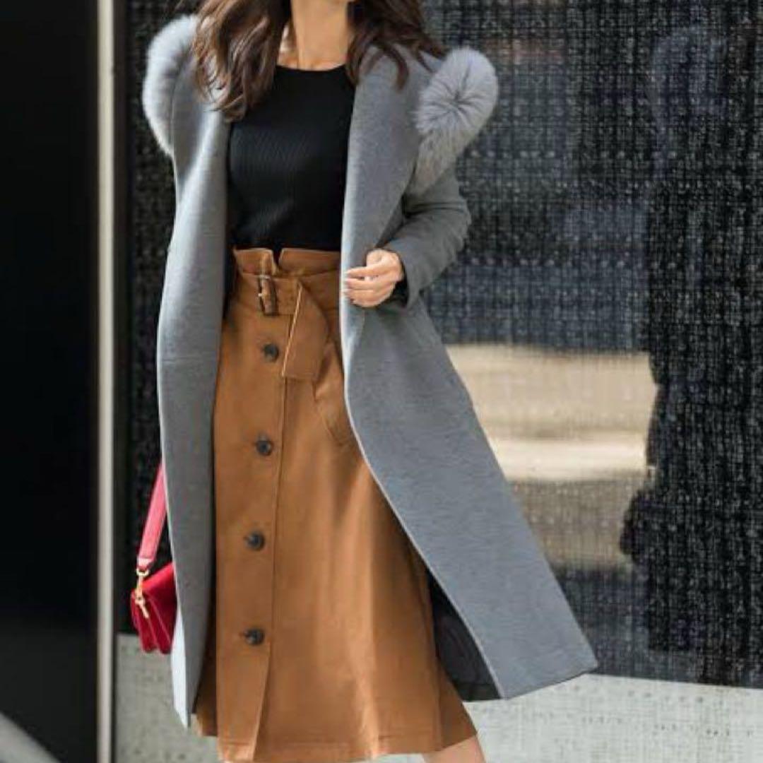 美品　Mystrada　ファー付　アンゴラ混　ロングコート　ベルト　グレー　M