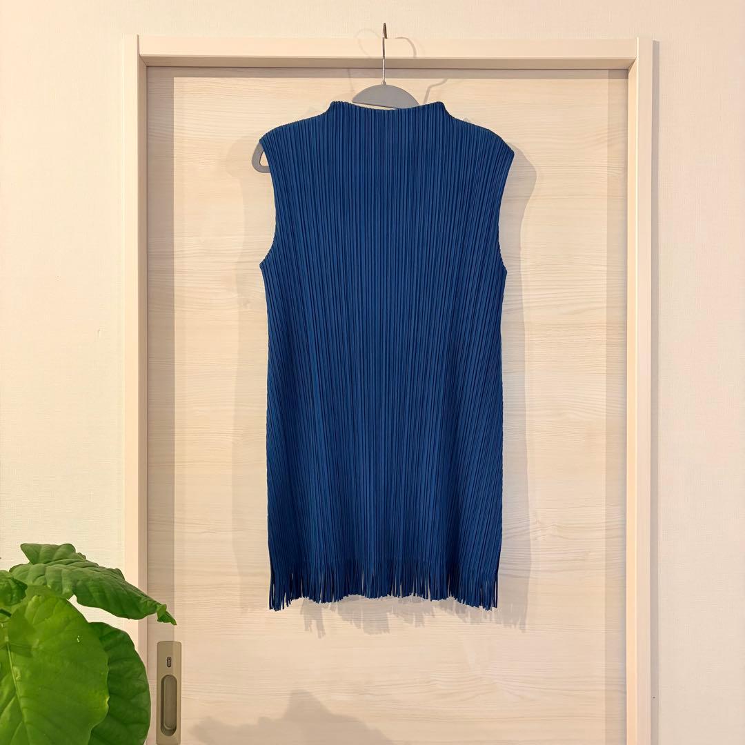 プリーツプリーズ　ブルー系　フリンジ　トップス　美品