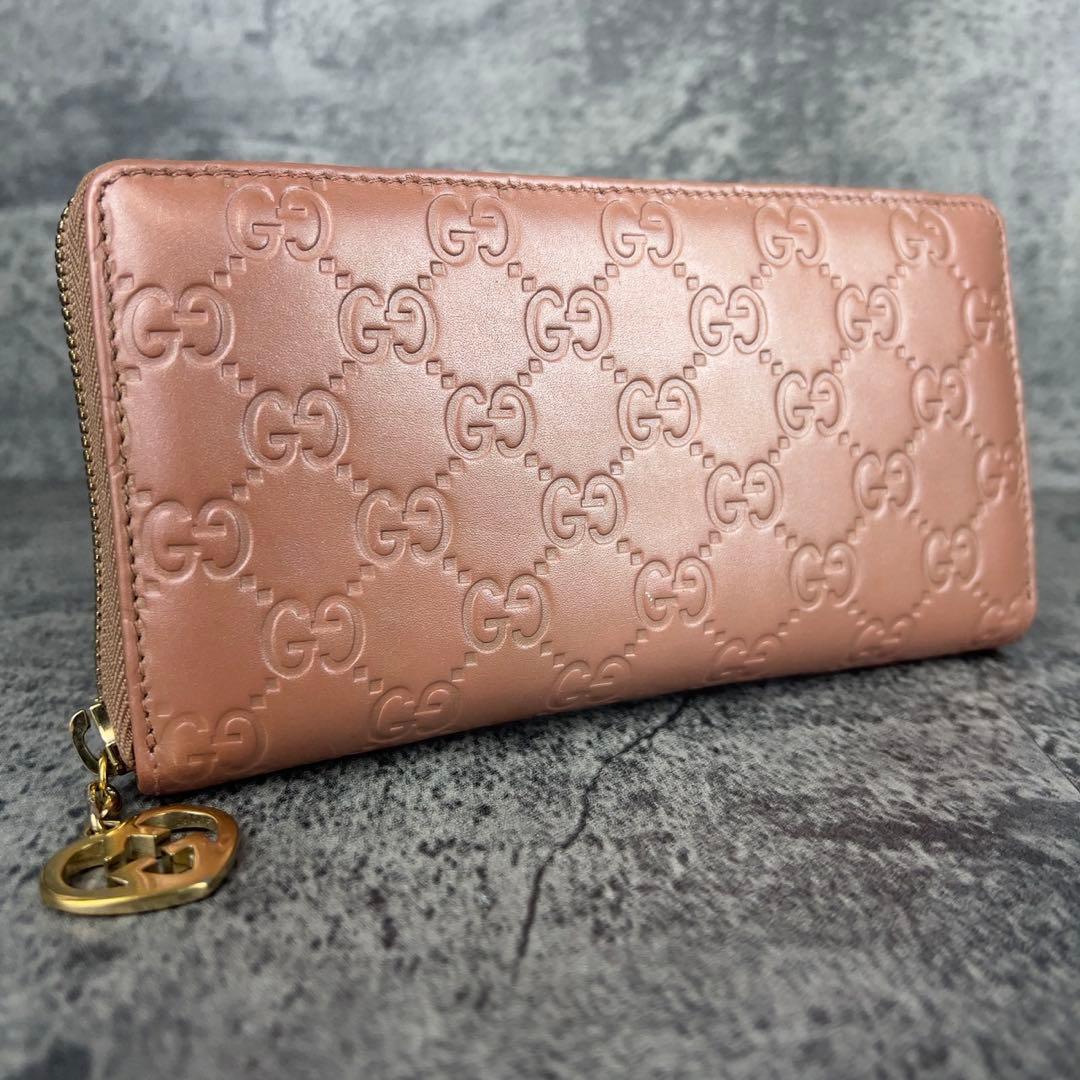 GUCCI ラブリーハート チャーム GG柄 ラウンド長財布 ピンク レザー