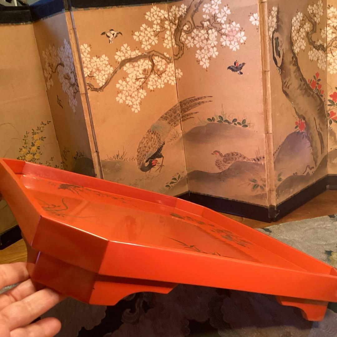 A3014 木製盆　根來　皆朱　隅切　四君子蒔絵　盆　１枚エガ❣️