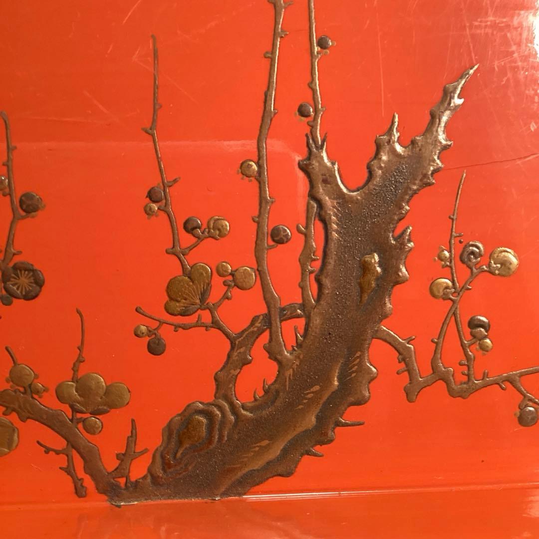 A3014 木製盆　根來　皆朱　隅切　四君子蒔絵　盆　１枚エガ❣️