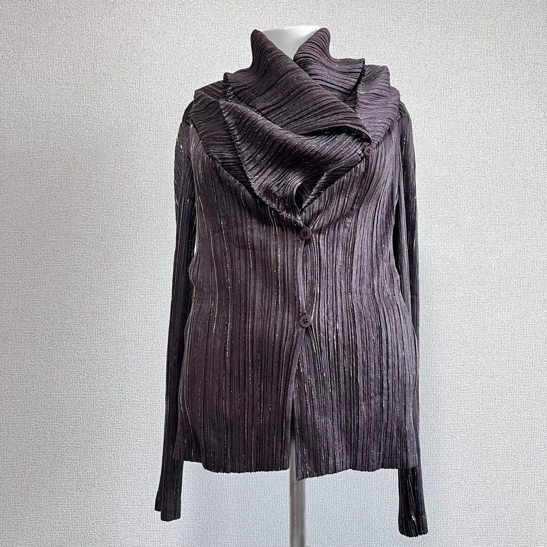 美品　イッセイミヤケ　ボリューム襟　ラメ　カーディガン　ジャケット　両ポケット付
