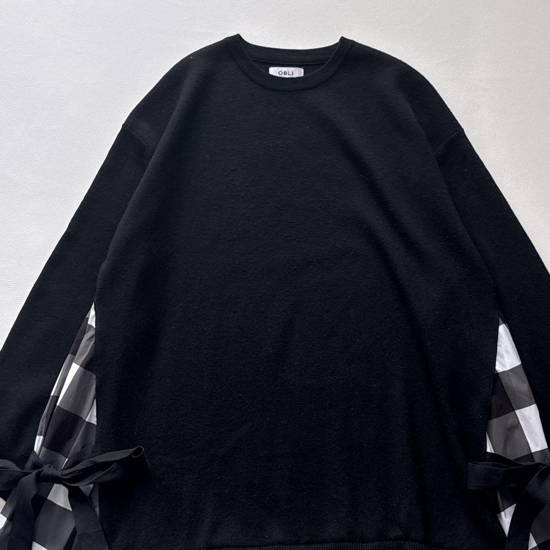 りさ様！！！！！ オブリ　ニットドッキングワンピース　　チェック柄　黒　リボン