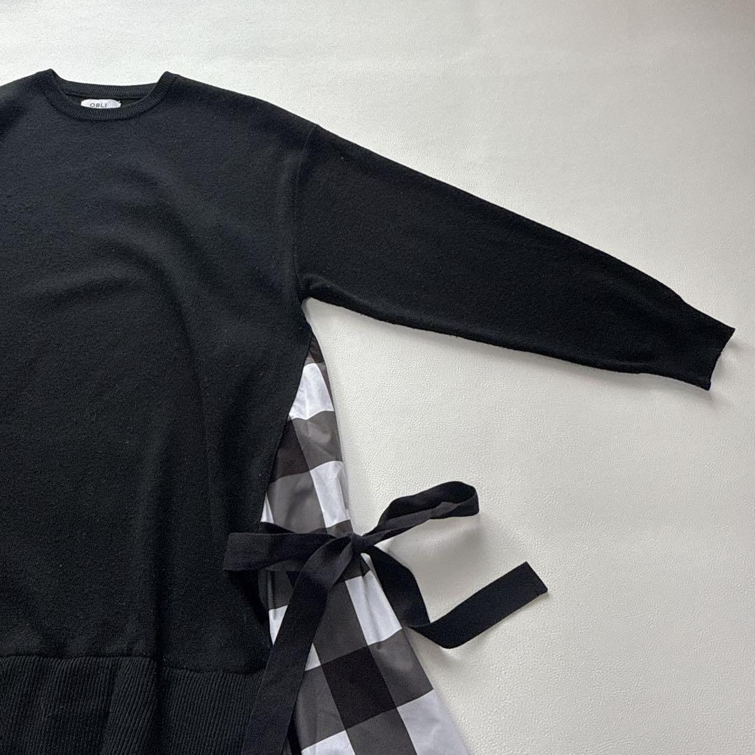 りさ様！！！！！ オブリ　ニットドッキングワンピース　　チェック柄　黒　リボン