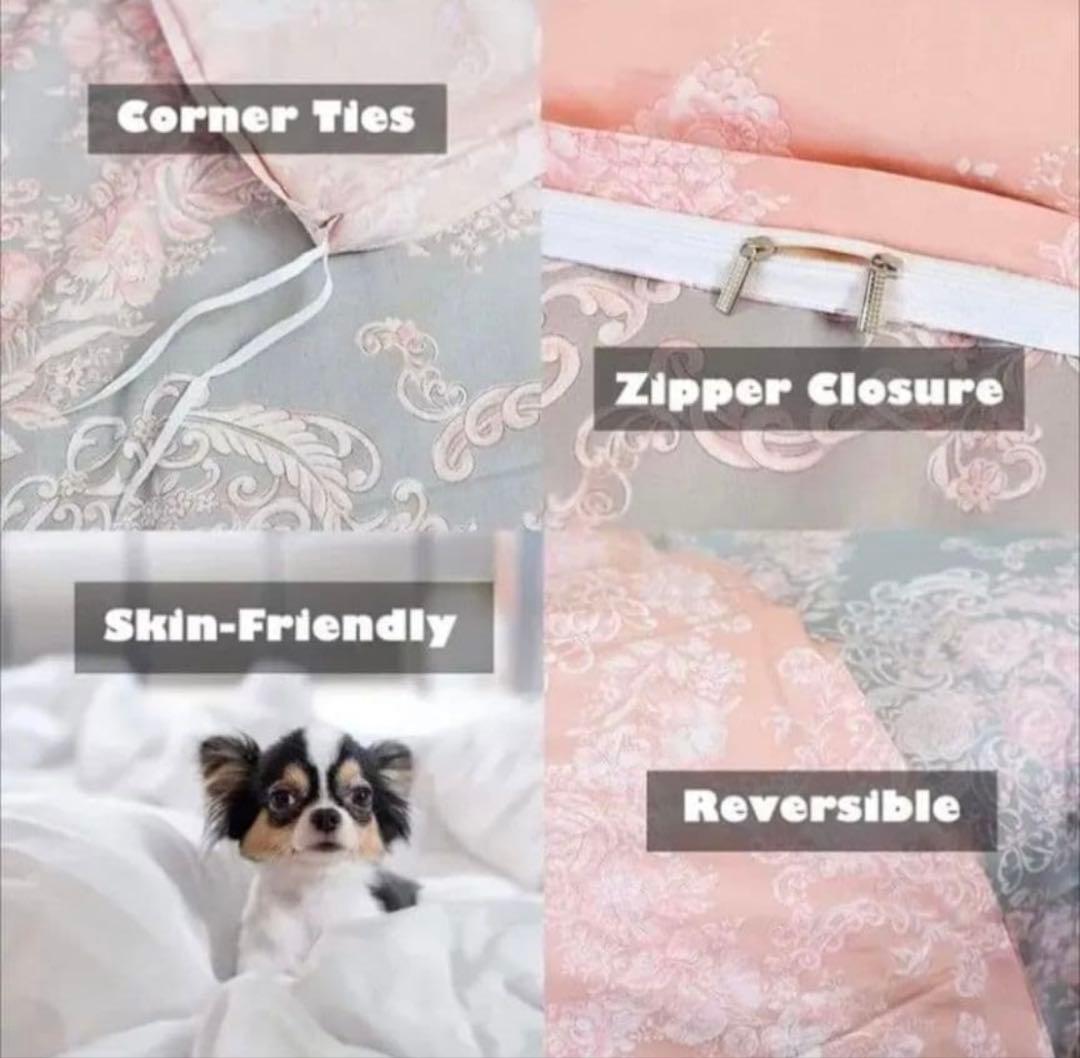 新品未使用★エレガントなグレー＆ピンクダマスクスローズ柄ダブル掛け布団と枕カバー