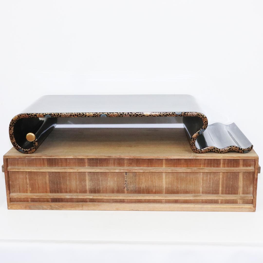 金蒔絵 黒塗 巻足 波足 花台 平卓 飾台 香炉 盆栽 木製 梨地 共箱