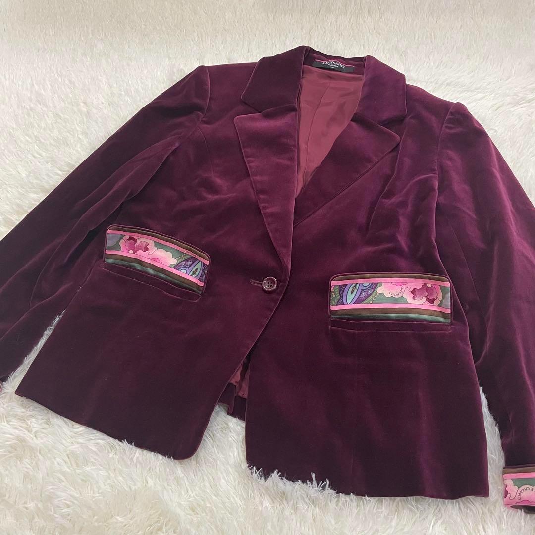 973 LEONARD テーラードジャケット ワインレッド 綿 絹 XL