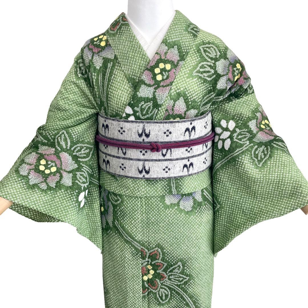 グリーン　身丈158 有松絞り 絞り染め　絞り浴衣　 浴衣　NO44