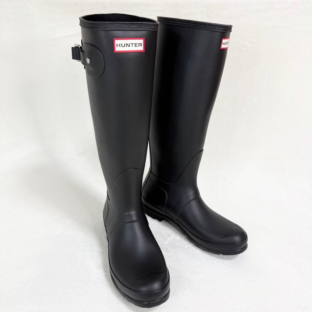【ほぼ未使用】HUNTER レインブーツ ラバー 黒 UK7 ロング ベルト