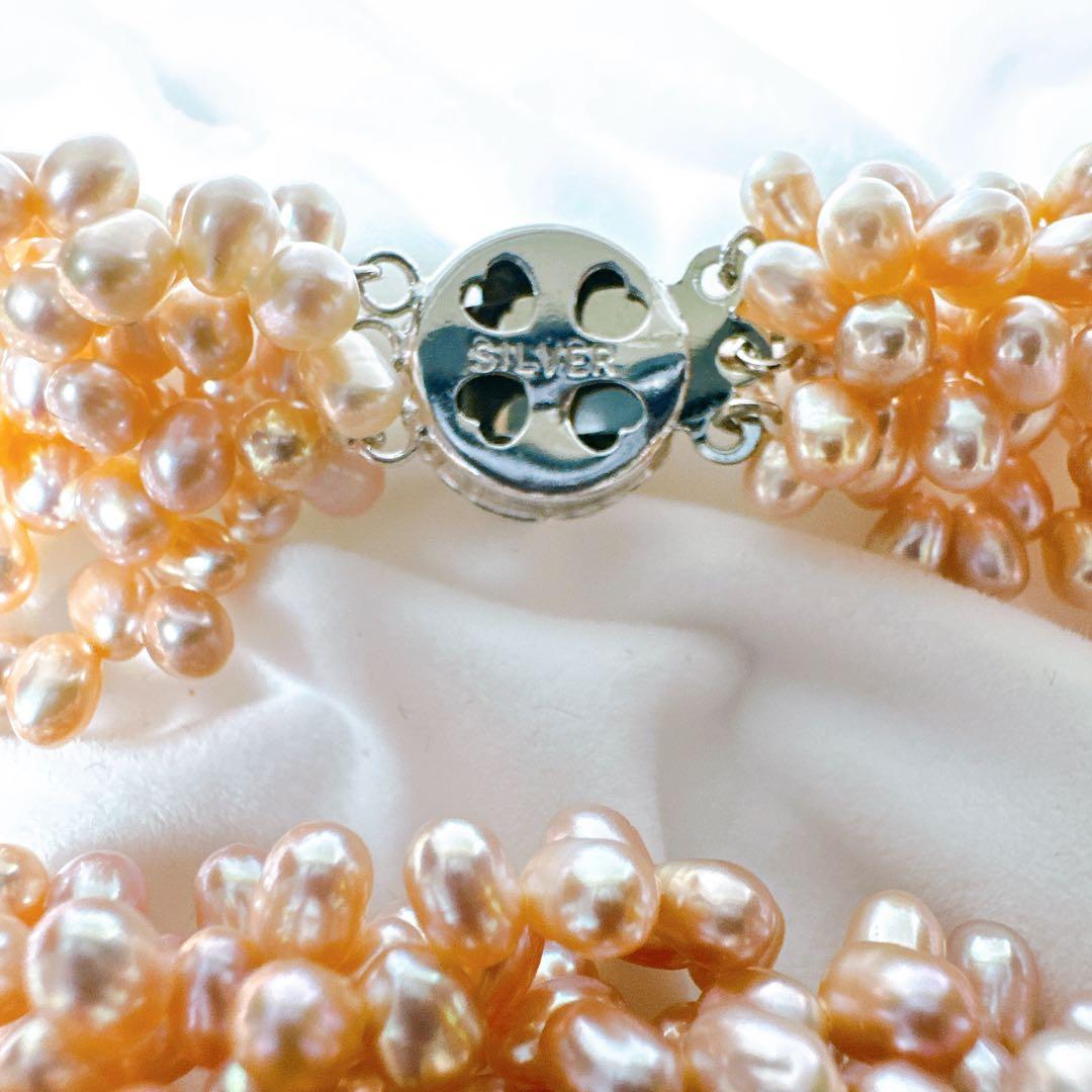 華やか 本真珠 パール 多連 ネックレス SILVER刻印 ピンク