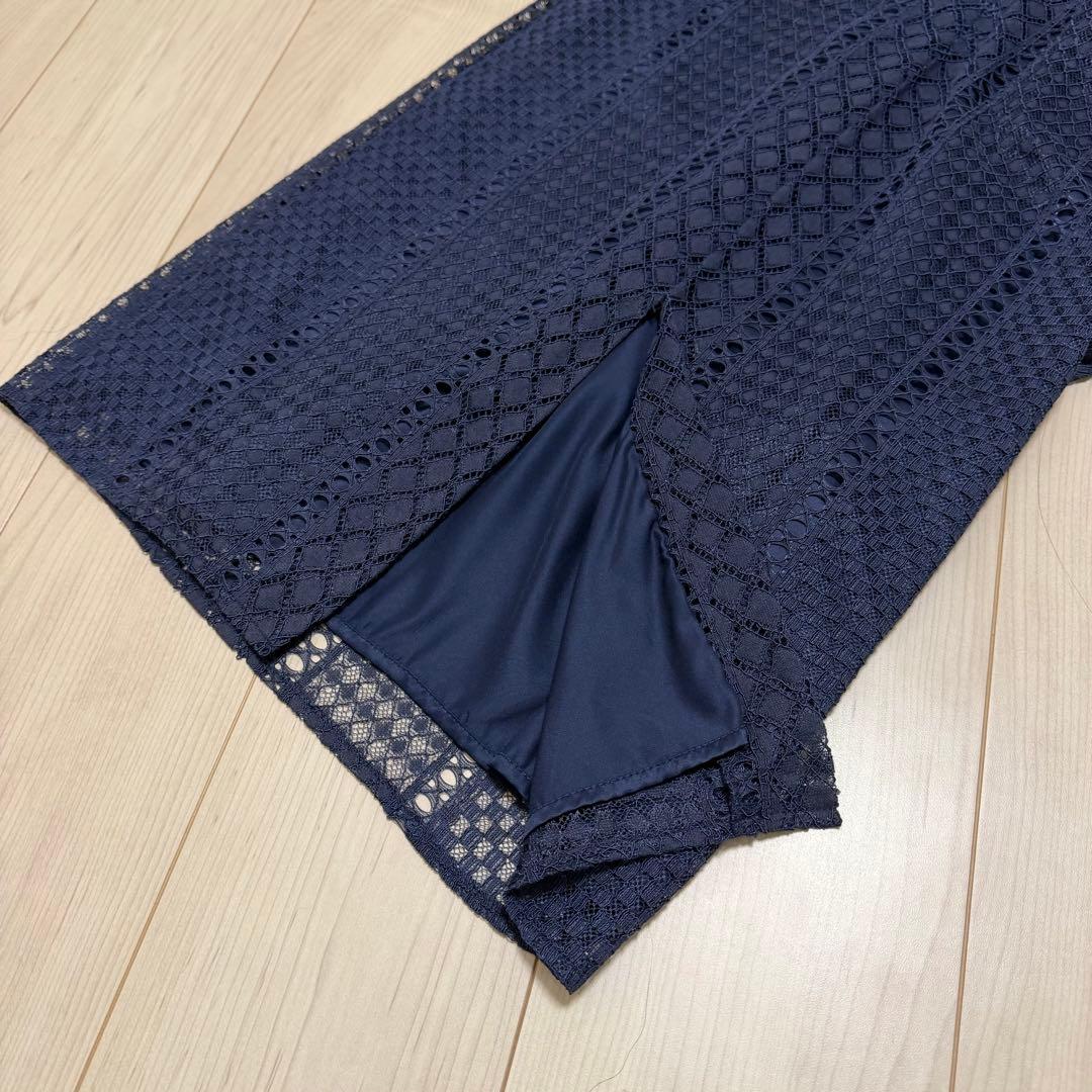 新品ラグナムーン フレアスリーブ 総レース ワンピース ネイビー S エルケイ