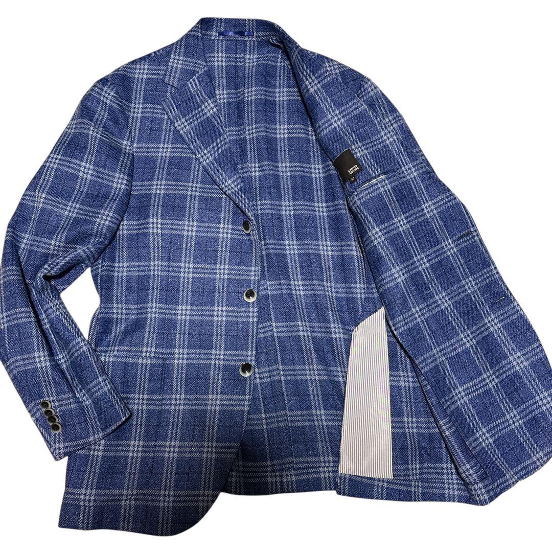 【限定】ロロピアーナ　ブルーネイビー ウィンドウペン ジャケット　シルク　リネン