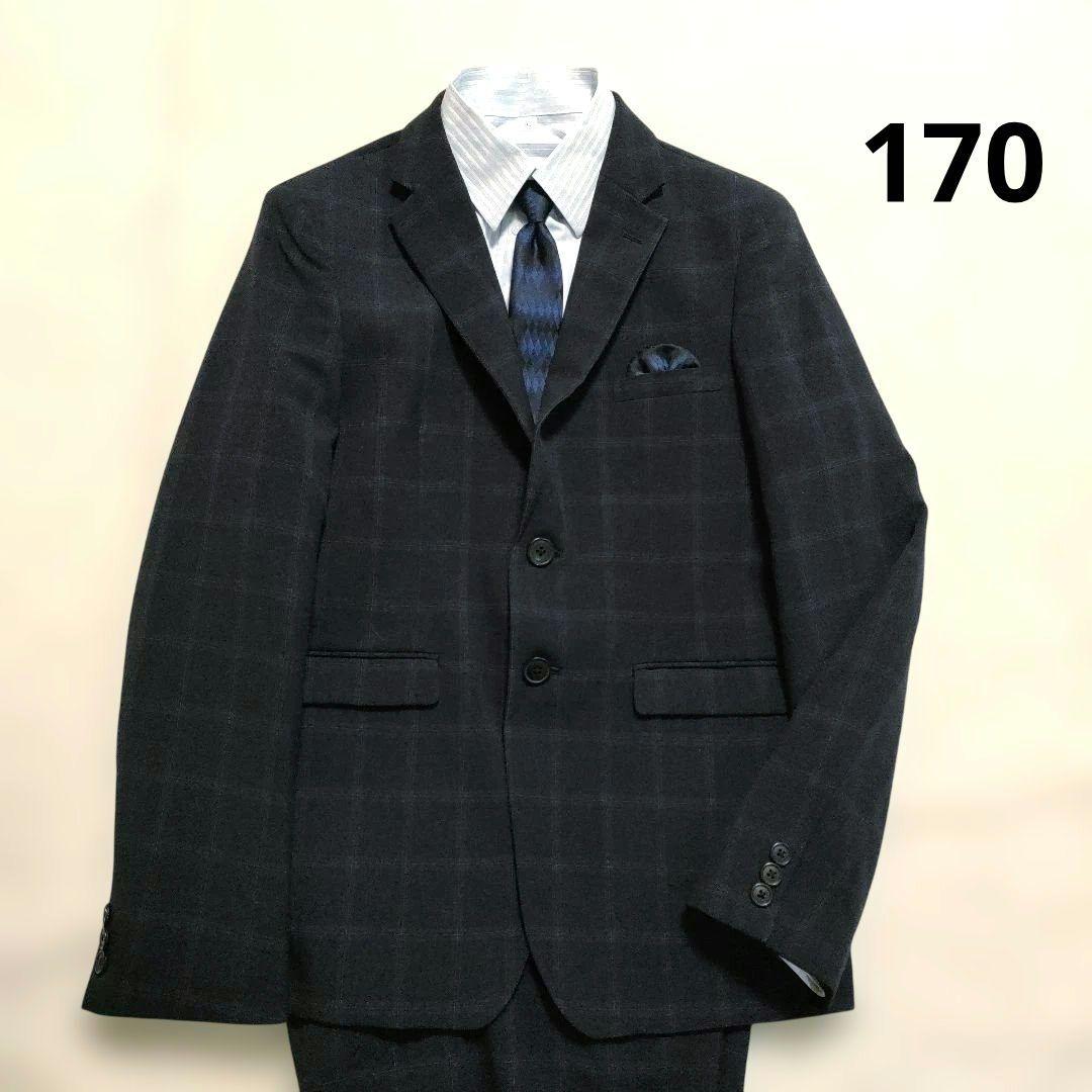 【美品】男の子 フォーマルスーツ 卒業式　170 ネイビーグレーチェック