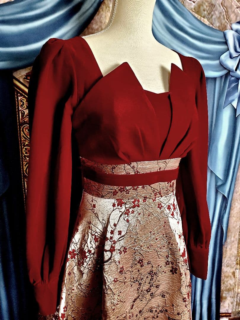 M【新品インポートセレクト】ベロアゴールドジャガードスクエアネック長袖秋冬ドレス