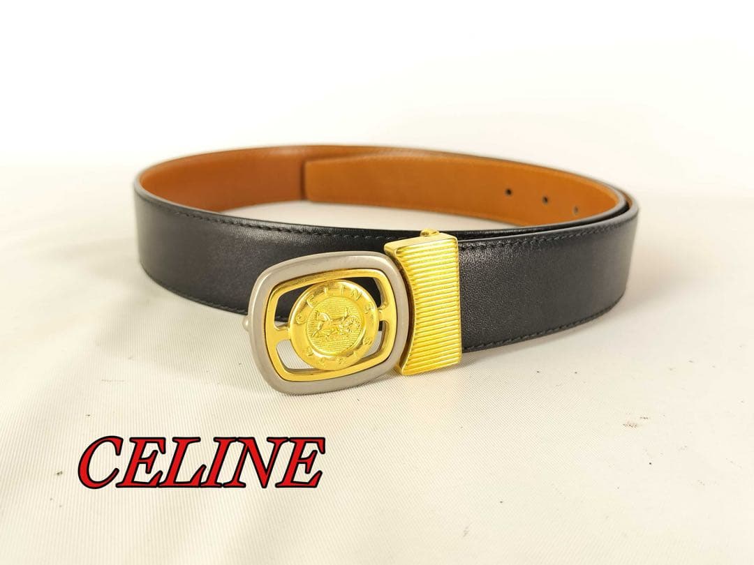 CELINE セリーヌ レザー ベルト M09 金具 ゴールド×シルバー