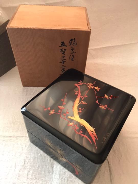 未使用★輪島塗 本漆塗 沈金 6.5寸 お重箱　古今菁峰作