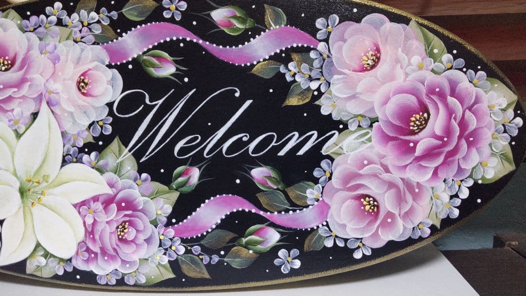 キティママページ　ウェルカムボード　トールペイント　バラ