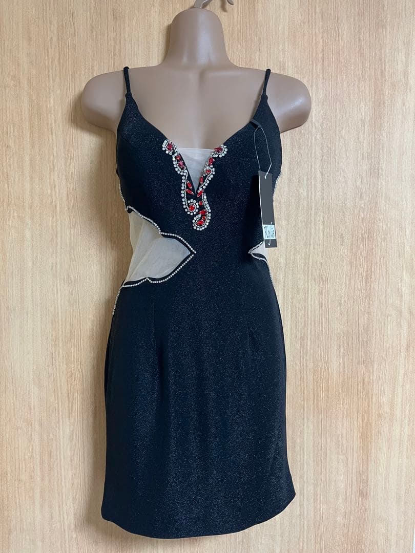 7828＊Kylie＊レッドビジュー✖️ラメ生地ストレッチドレスbkM