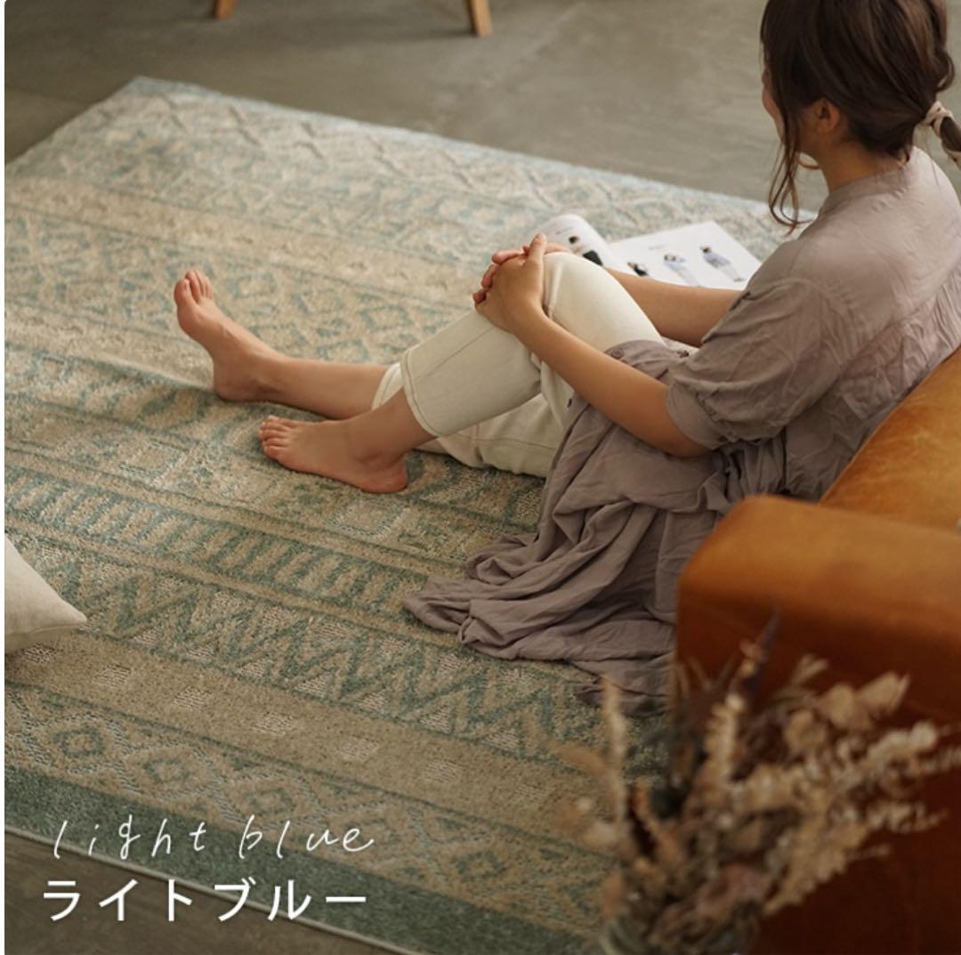 cucan オールシーズン ラグ 洗える 北欧 ライトブルー 幾何学模様ラグ