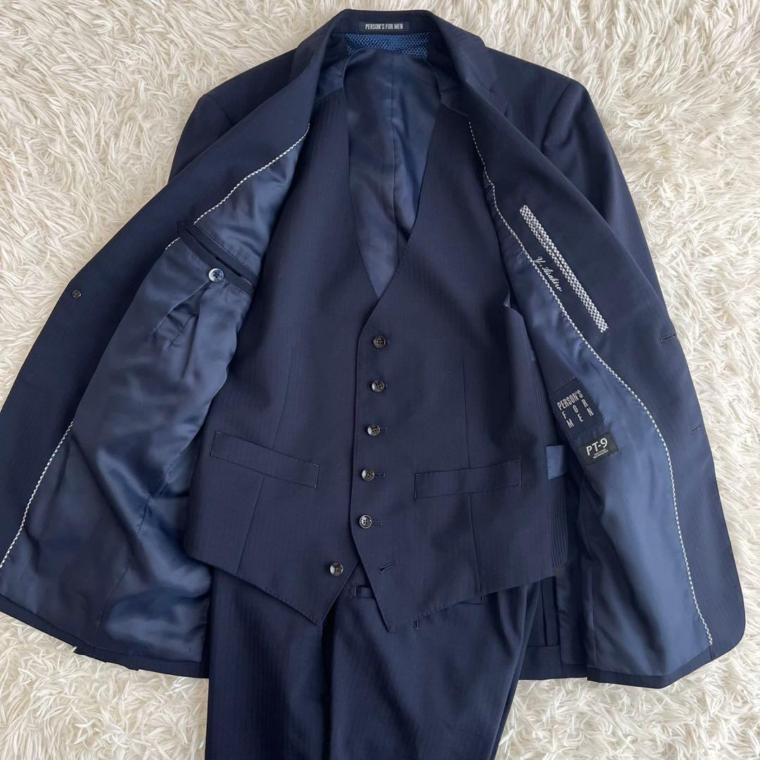 【美品】ビジネススーツ　セットアップ　スリーピース　ネイビー　ストライプ　YA6