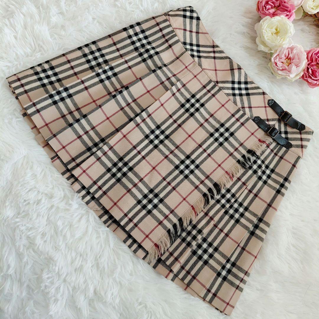 極美品✨バーバリーブルーレーベル　ラップスカート　プリーツ　ノバチェック　牛革