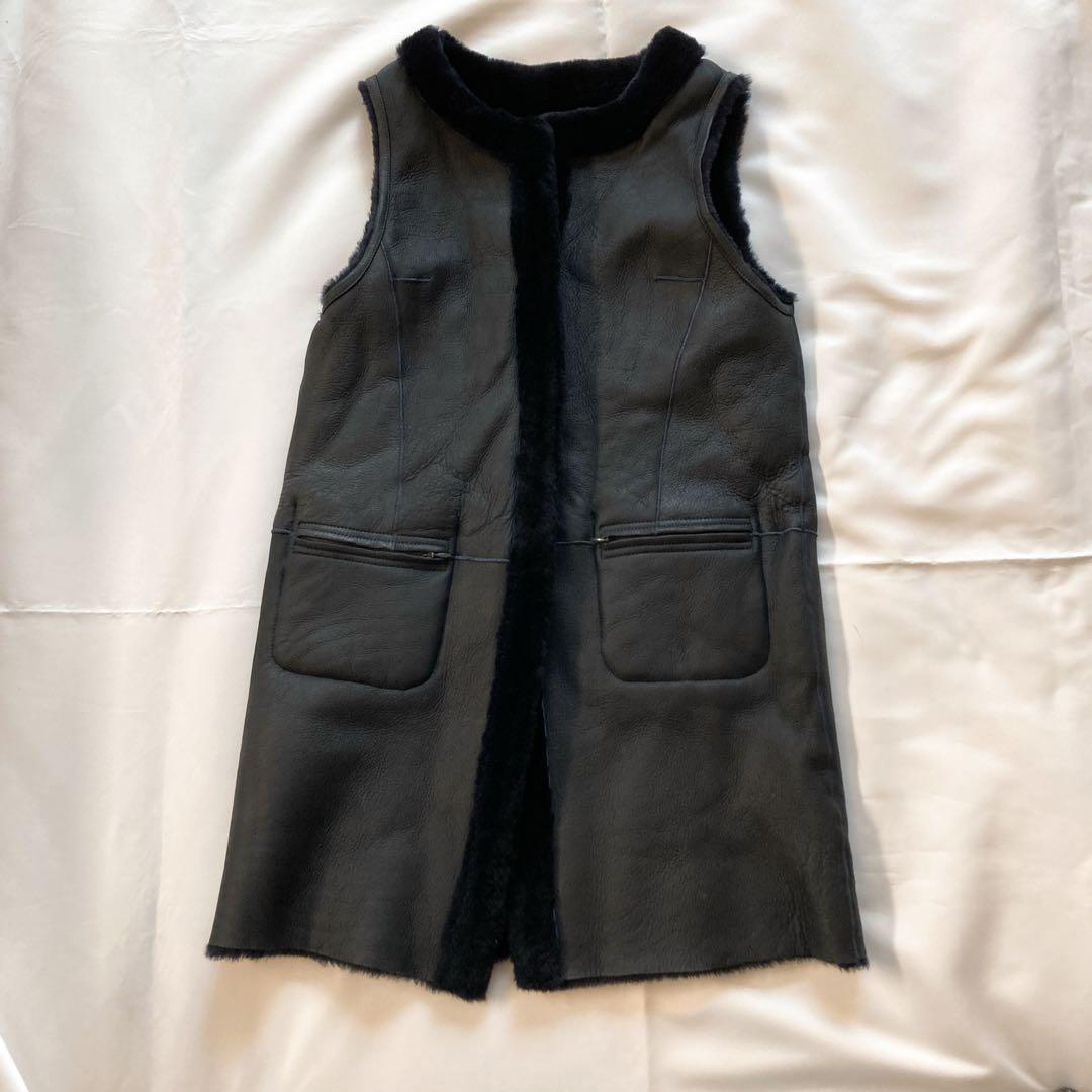 Zelal 元町ゼラール 羊革 ムートン ロングベスト リバーシブル ネイビー
