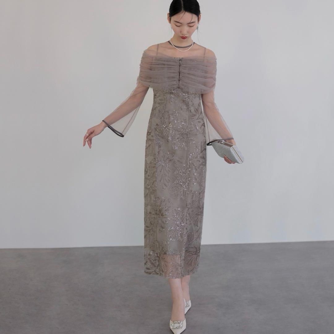 【LEJA】チュールオフショルダー花柄Iラインドレス