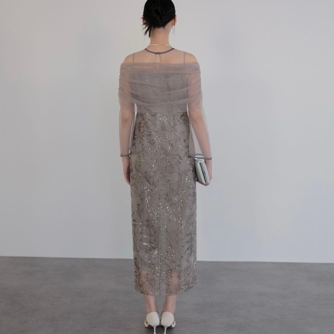 【LEJA】チュールオフショルダー花柄Iラインドレス