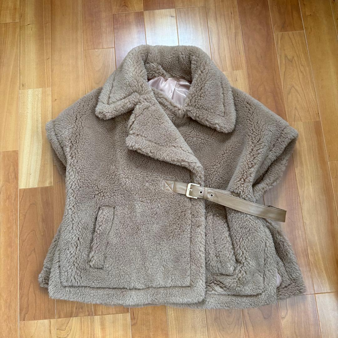 ベージュ フリース ポンチョ ベルト付き　M