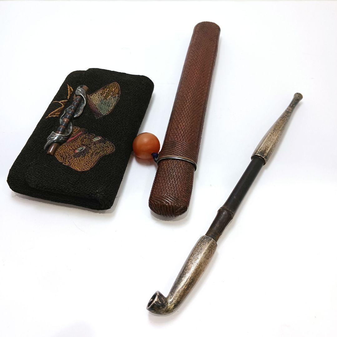 専用 Y2978-6 時代物 象嵌銀金具 煙管筒 煙草入 キセル筒