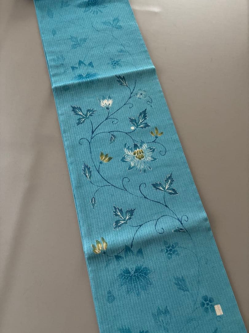 二葉苑 コバルトブルー 変わり織 紬地 正絹 九寸名古屋帯 極美品
