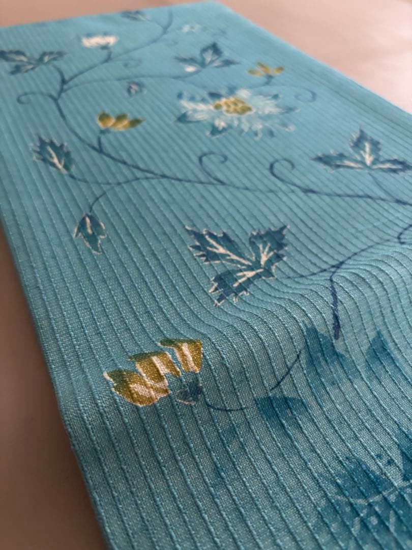 二葉苑 コバルトブルー 変わり織 紬地 正絹 九寸名古屋帯 極美品