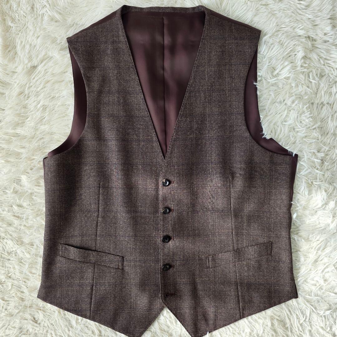 【美品/SUPER 110's】ヒルトン スーツ 3ピース チェック ブラウン系