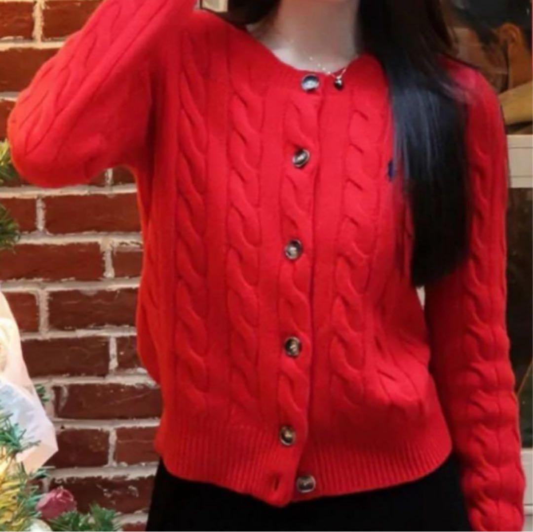 【極美品】ポロバイラルフローレン　カシミヤ混　ケーブルニット　カーディガン　赤