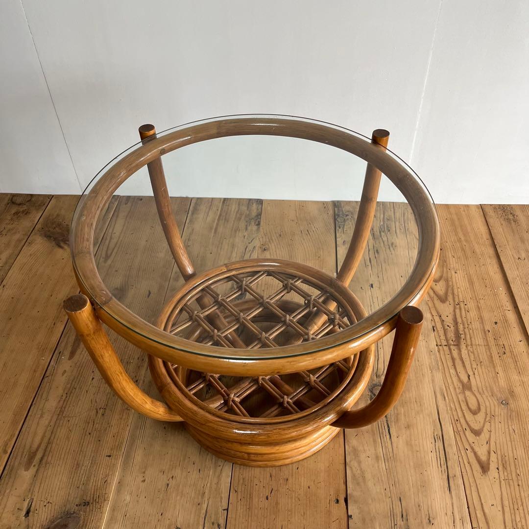 ヴィンテージ ラタン ガラス テーブル 籐 昭和レトロ z654