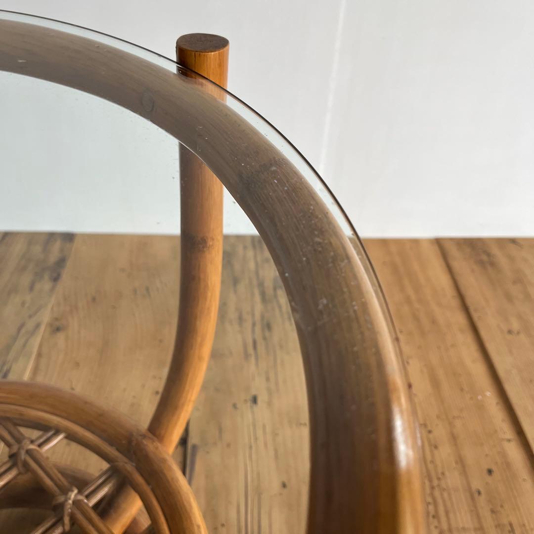 ヴィンテージ ラタン ガラス テーブル 籐 昭和レトロ z654