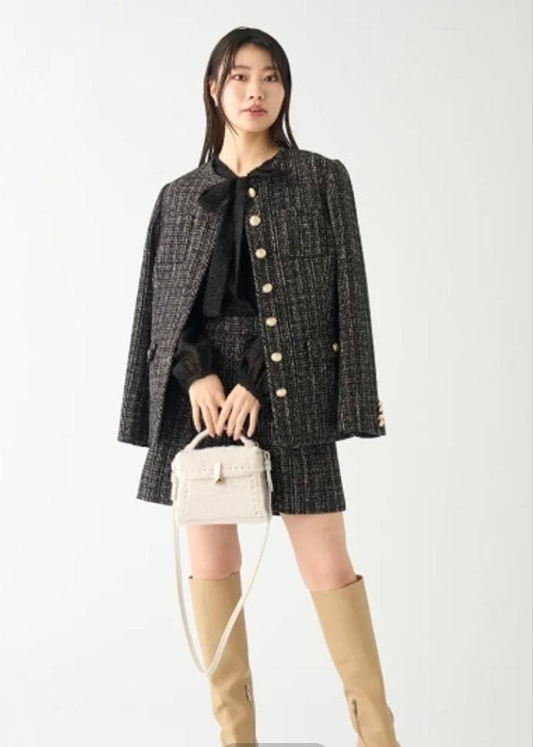 ♡新品同様♡セルフォード♡ノーカラーツイードジャケットコート♡ブラック系