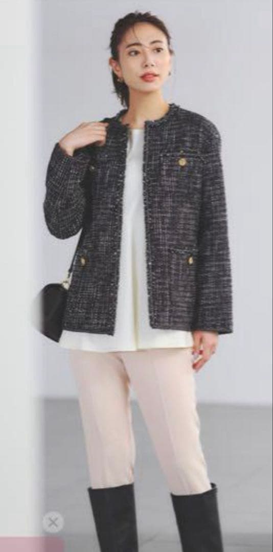 ♡新品同様♡セルフォード♡ノーカラーツイードジャケットコート♡ブラック系