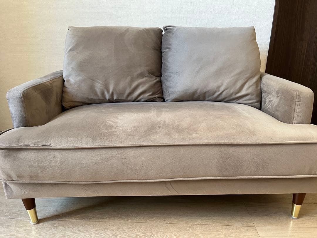 【LOWYA】2人掛けソファ 木脚 クッション ベルベット調 グレー