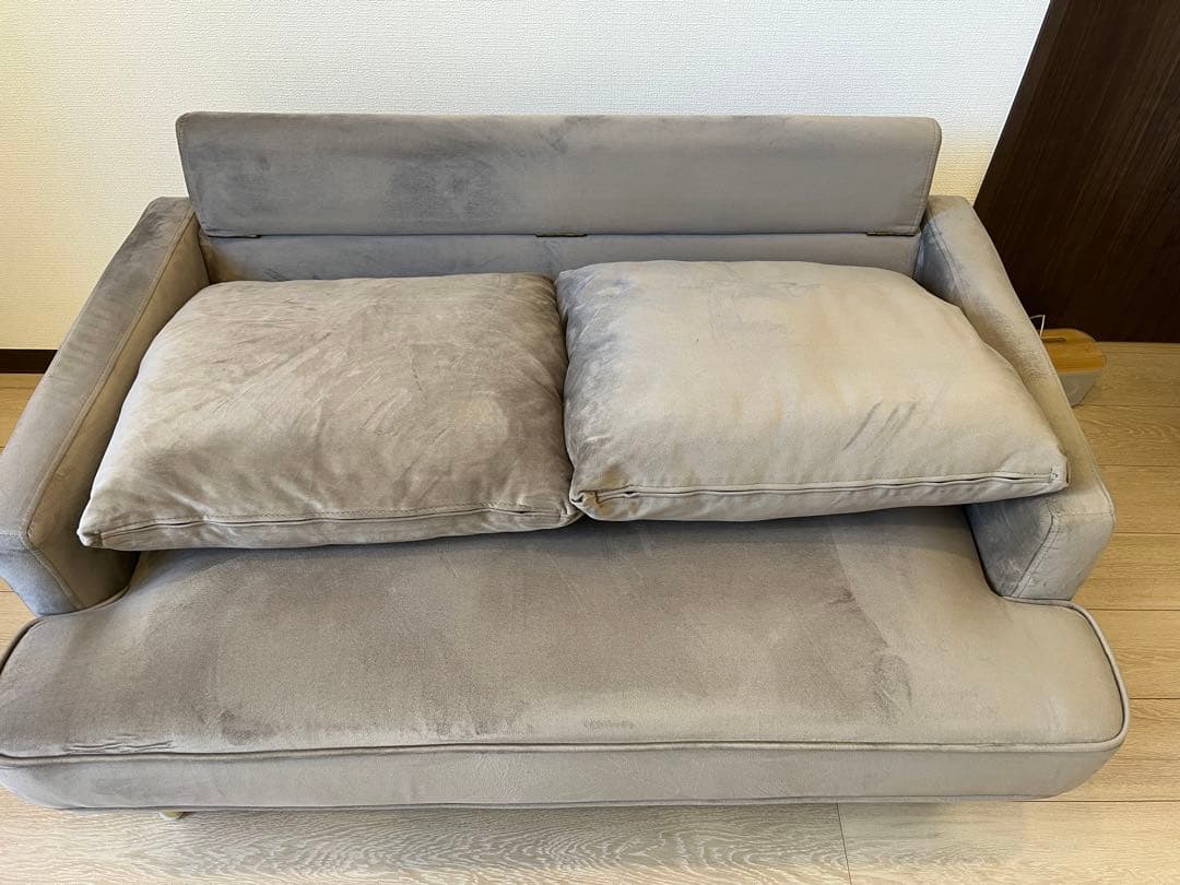 【LOWYA】2人掛けソファ 木脚 クッション ベルベット調 グレー