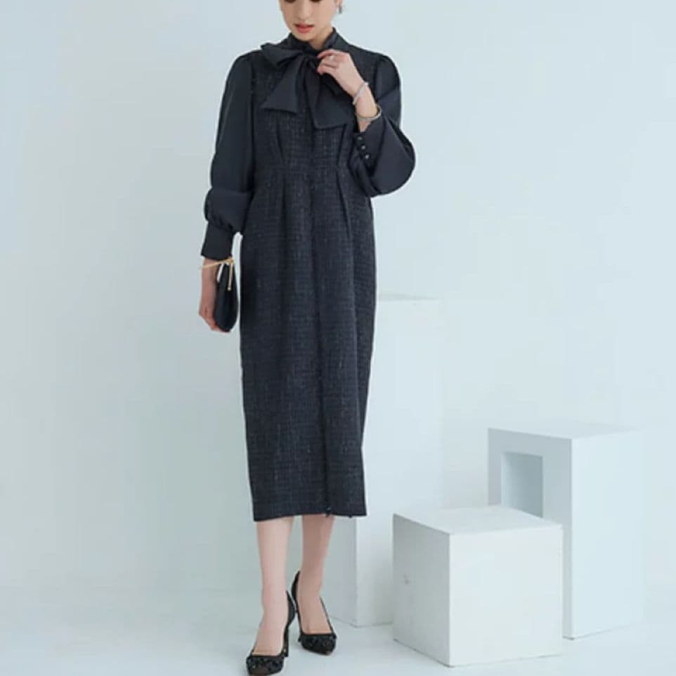 ルイルエブティック ミックスツイードコンビ ロングナローワンピース ドレス ラメ