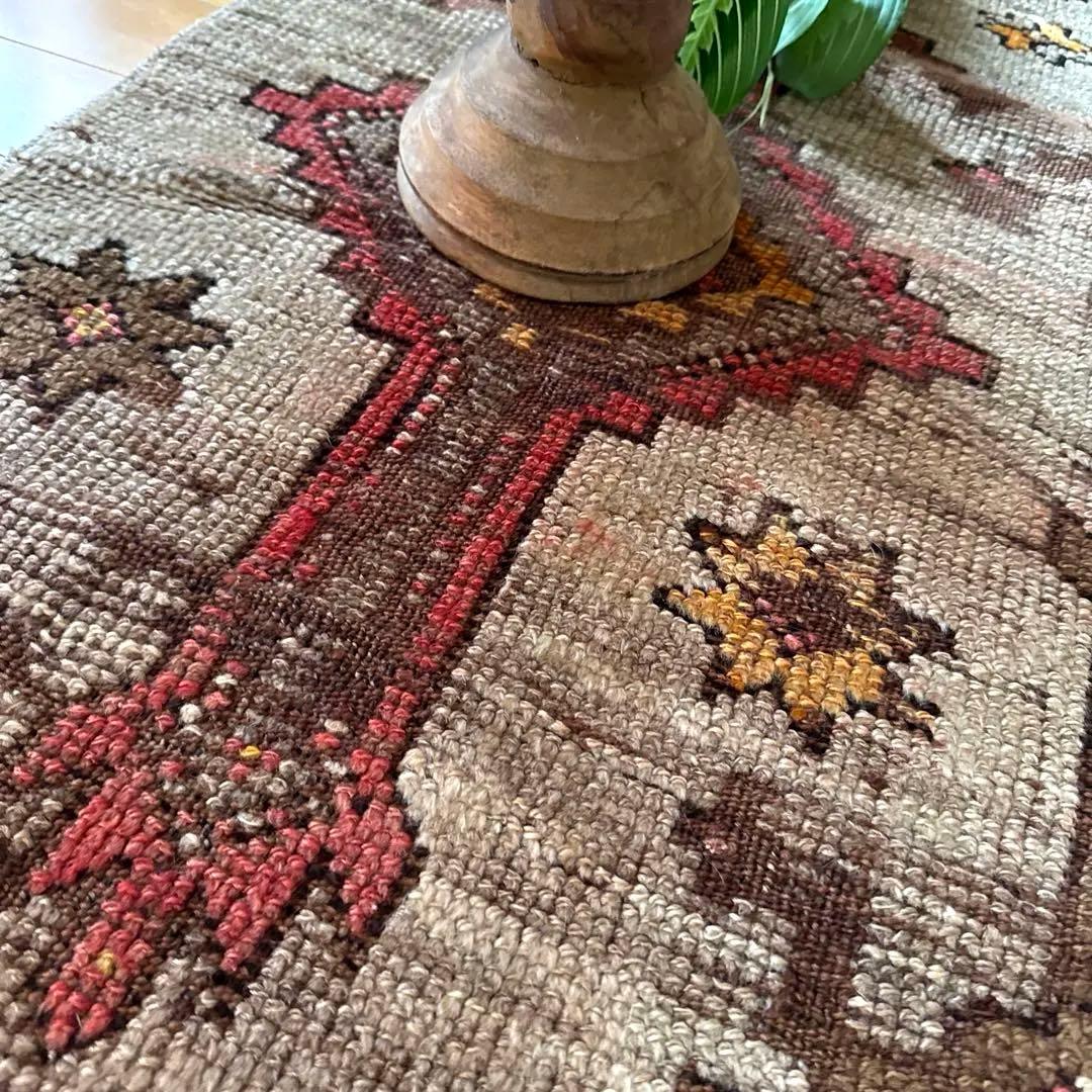 レア93×97 正方形サイズ　ウール　ブラウン　トルコヴィンテージラグ