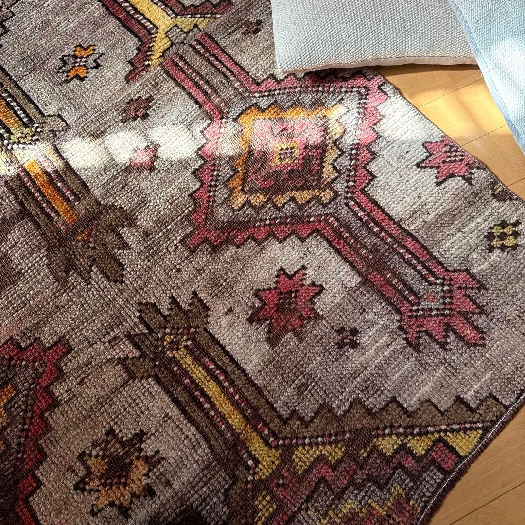 レア93×97 正方形サイズ　ウール　ブラウン　トルコヴィンテージラグ