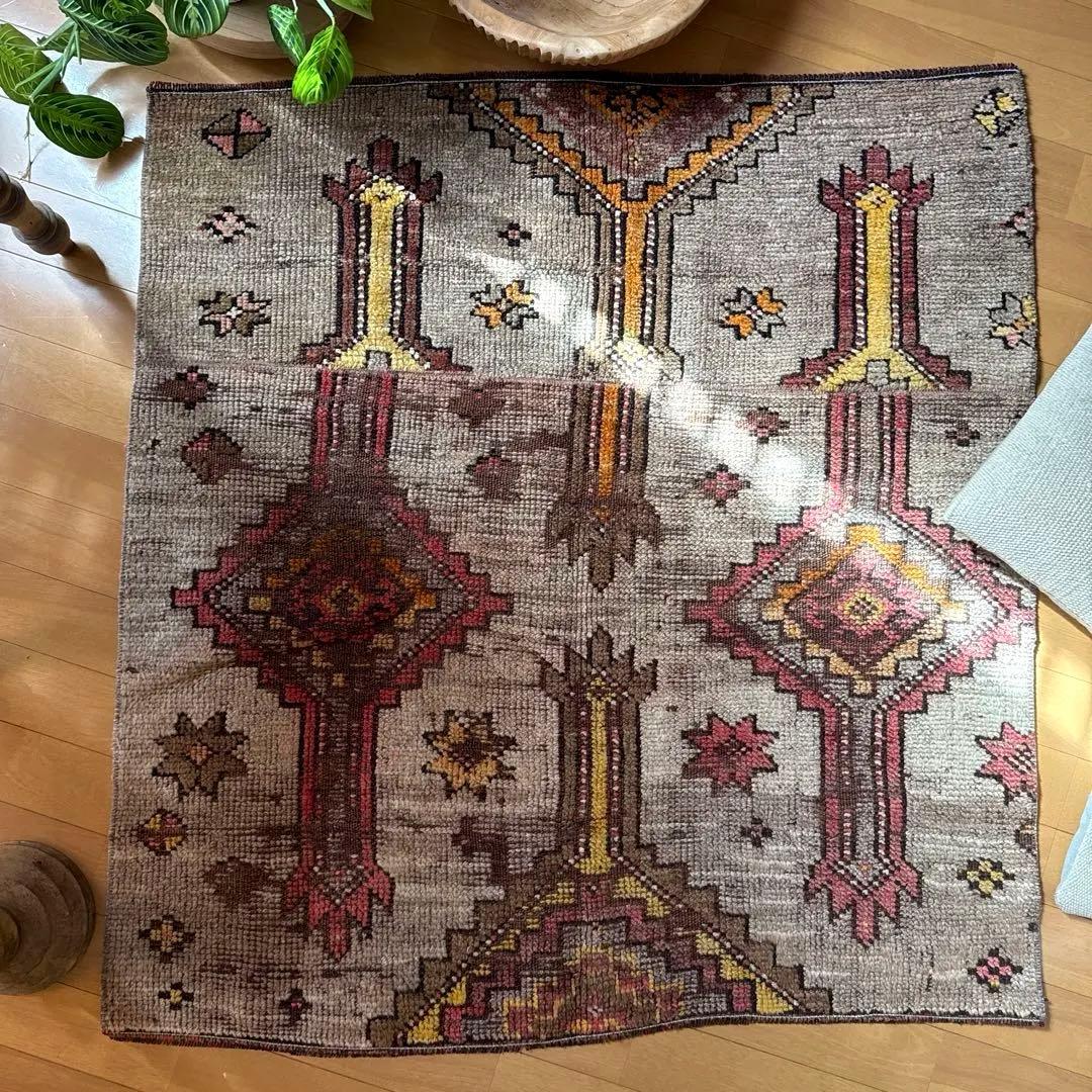 レア93×97 正方形サイズ　ウール　ブラウン　トルコヴィンテージラグ